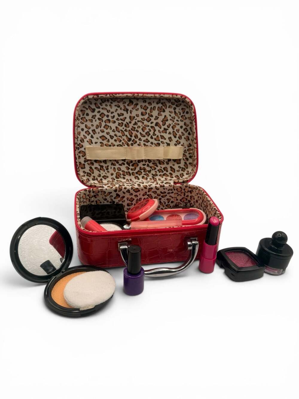 Meland Kids Pretend Makeup Kit with Red Crocodile Case and Leopard Print Lining